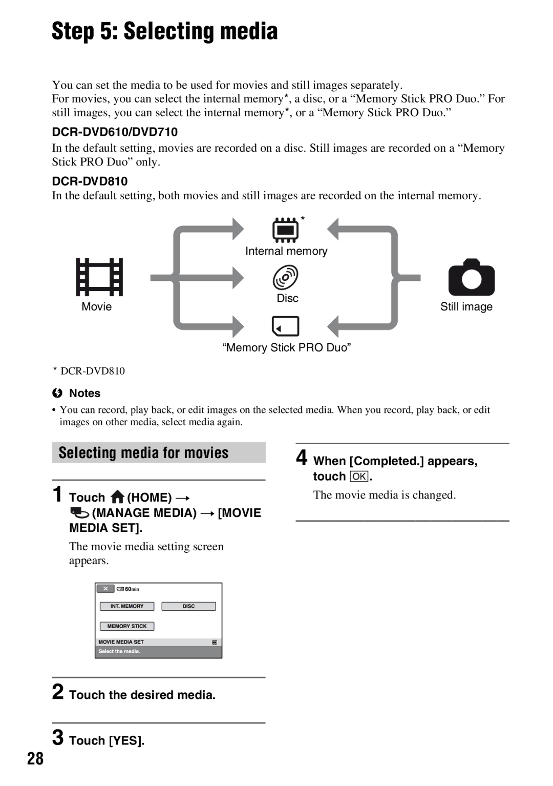 Sony DCR-DVD710 manual Selecting media for movies, DCR-DVD610/DVD710, DCR-DVD810, Media SET 