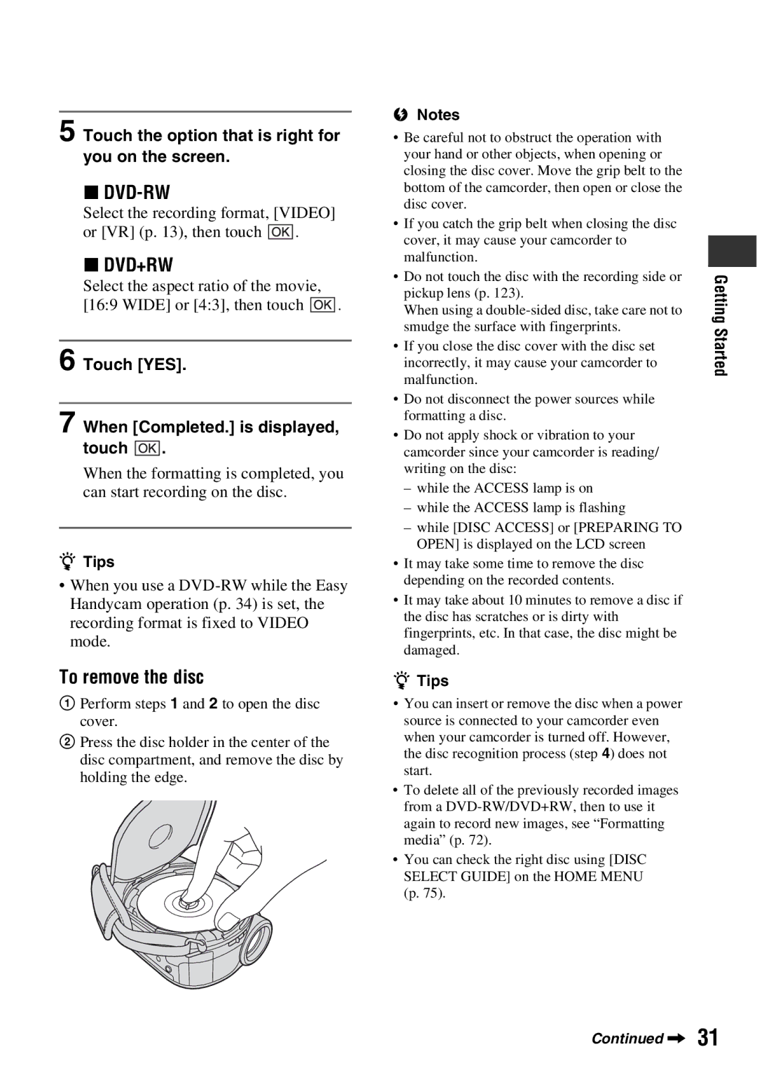 Sony DCR-DVD710 manual Dvd-Rw, Dvd+Rw, To remove the disc, Touch the option that is right for you on the screen 