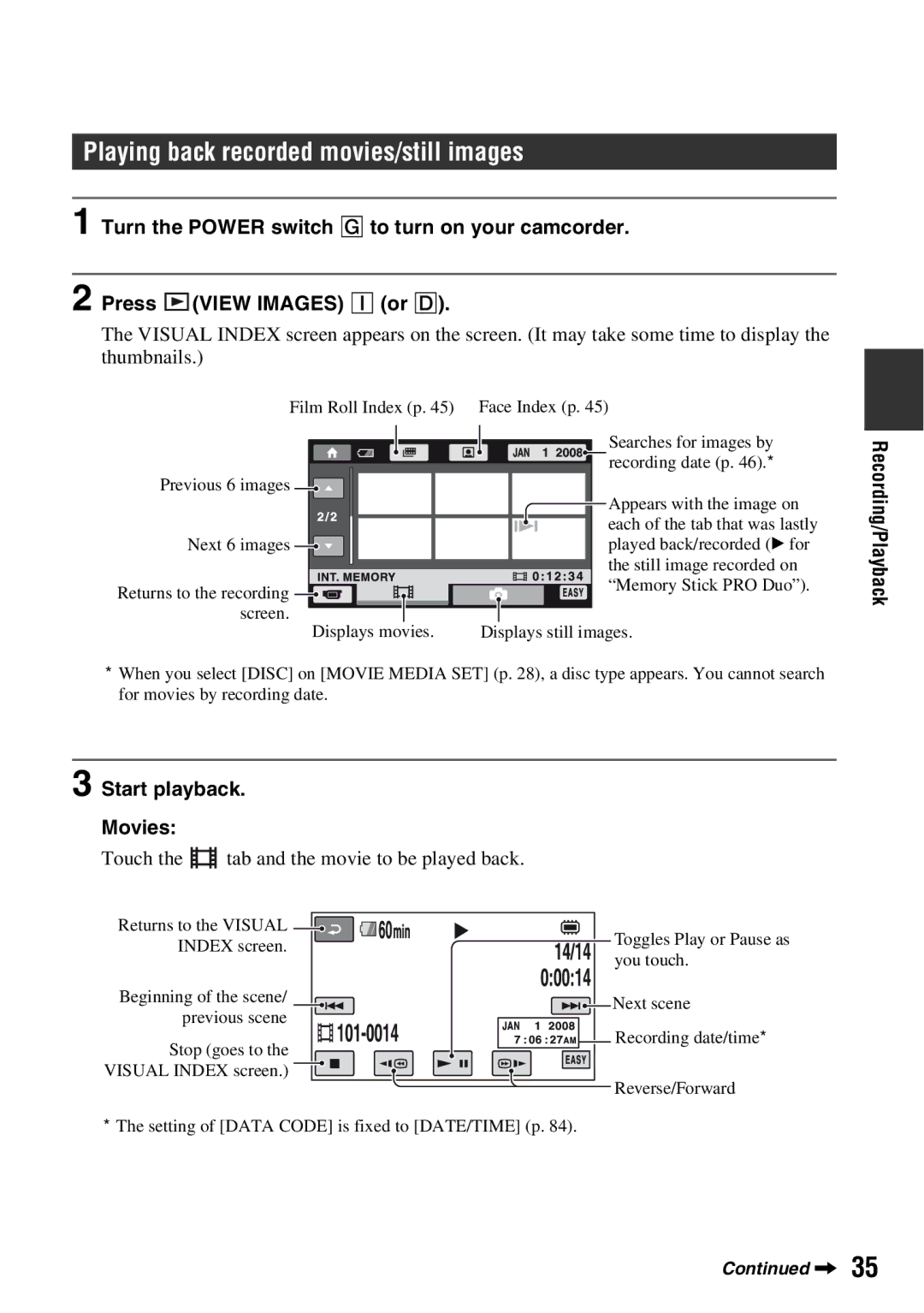 Sony DCR-DVD710 manual Start playback Movies, Touch the tab and the movie to be played back 