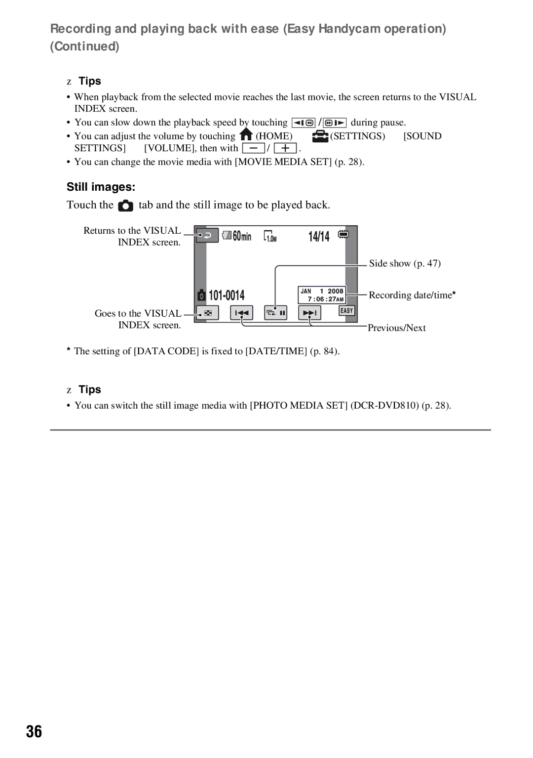 Sony DCR-DVD710 manual Still images, Touch the tab and the still image to be played back 