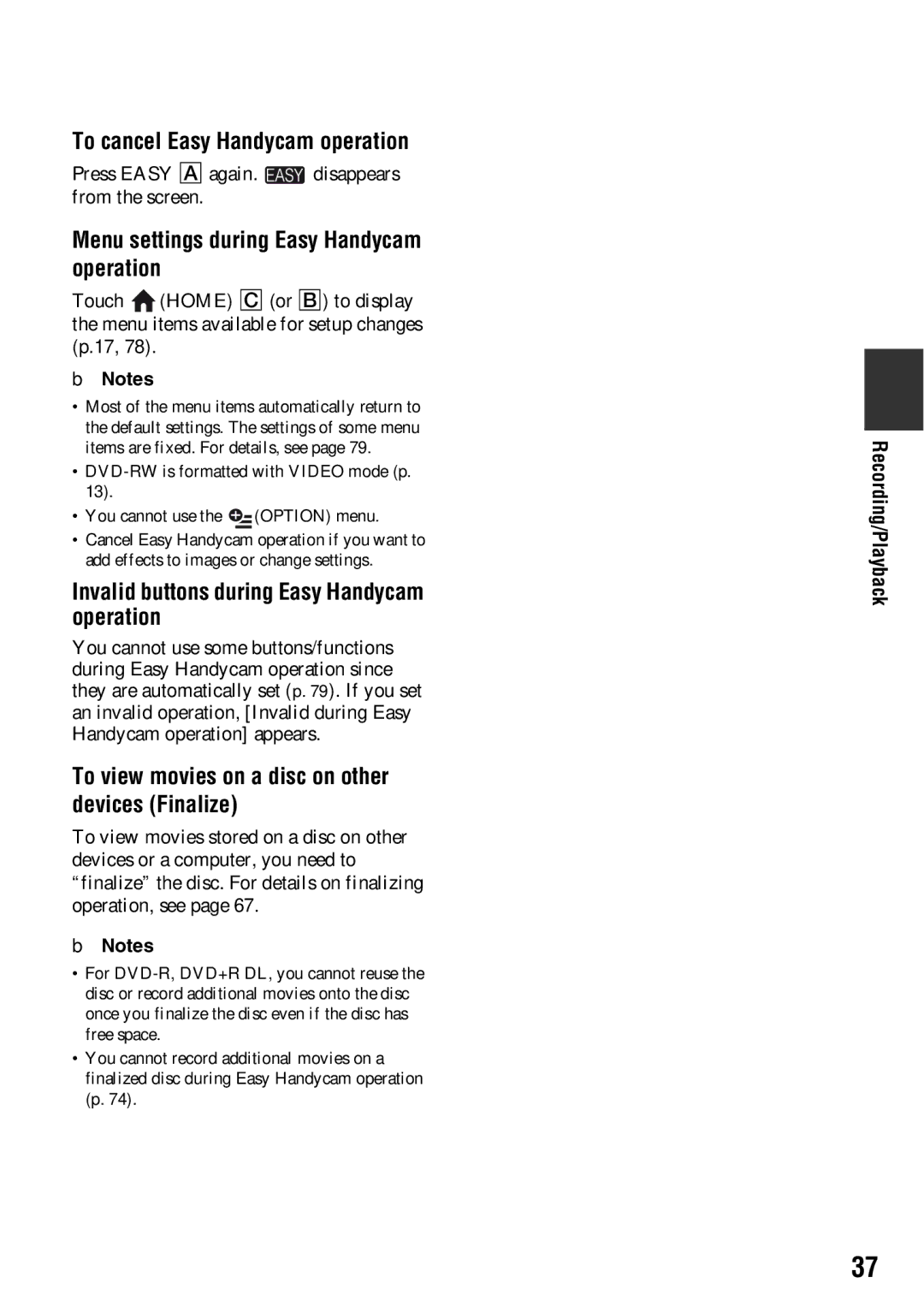 Sony DCR-DVD710 manual To cancel Easy Handycam operation, Menu settings during Easy Handycam operation, Recording/Playback 