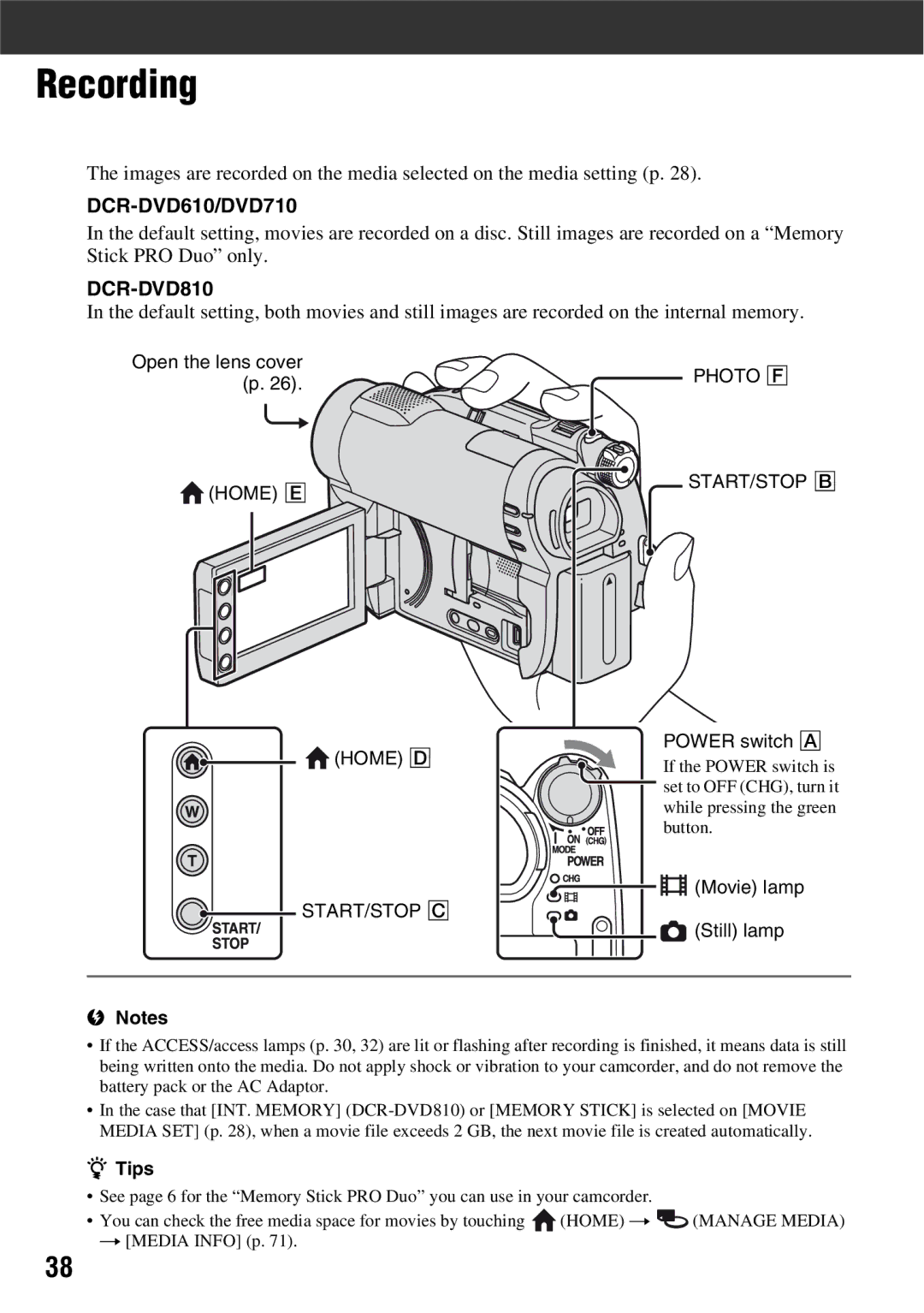 Sony DCR-DVD710 manual Recording, Start/Stop C 