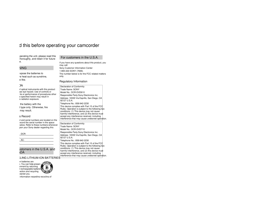 Sony DCR-DVD710 manual Read this before operating your camcorder, For customers in the U.S.A, Owner’s Record 