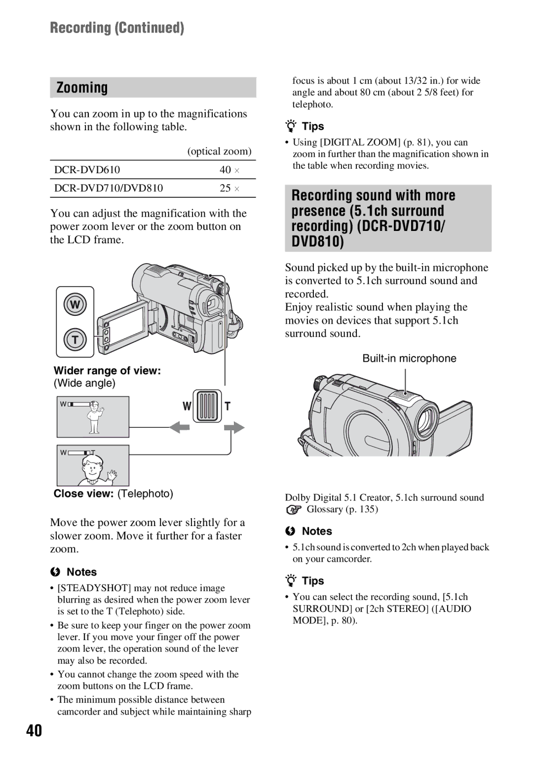 Sony DCR-DVD710 manual Recording, Zooming 