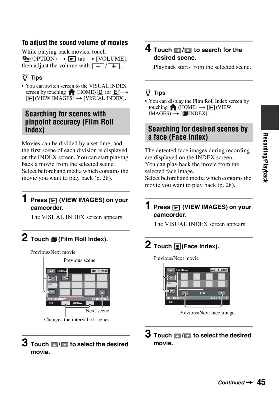 Sony DCR-DVD710 manual Searching for scenes with pinpoint accuracy Film Roll Index, To adjust the sound volume of movies 