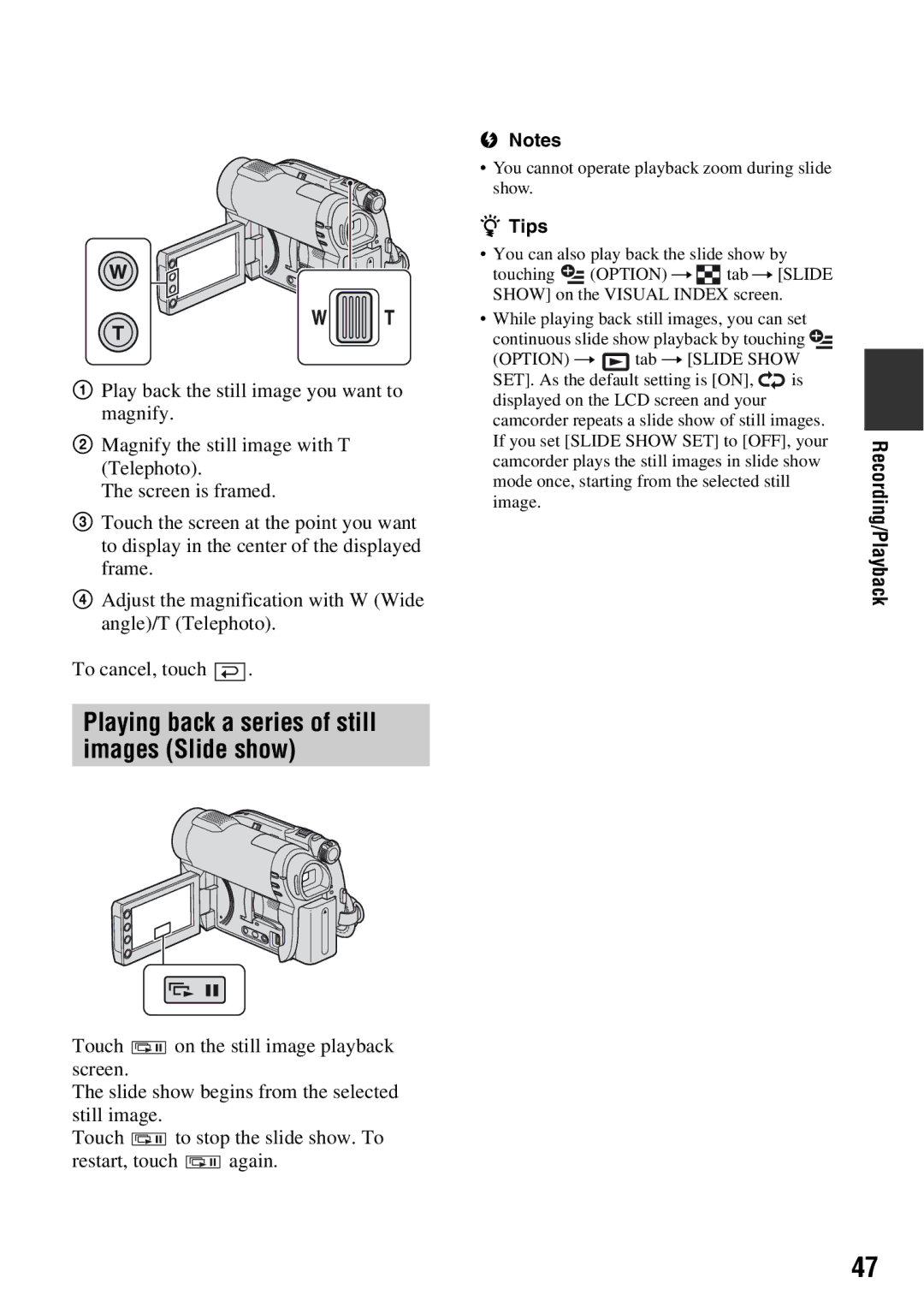 Sony DCR-DVD710 manual Playing back a series of still images Slide show 