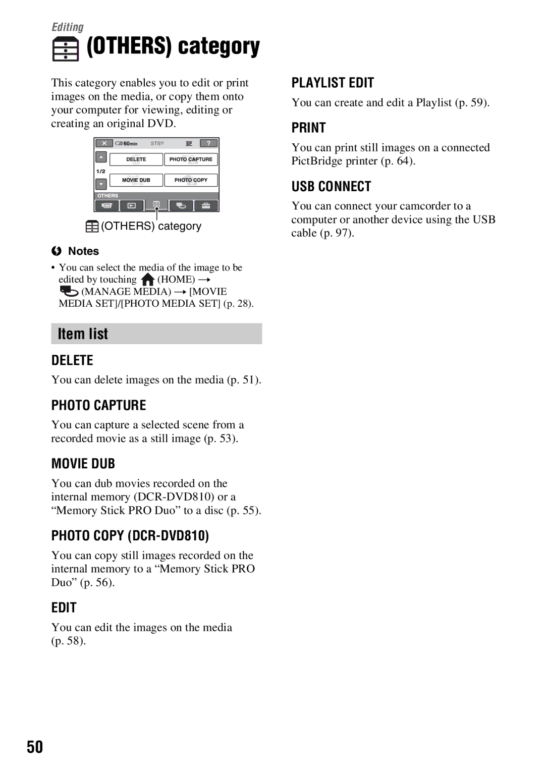 Sony DCR-DVD710 manual Item list, You can delete images on the media p, You can edit the images on the media p 