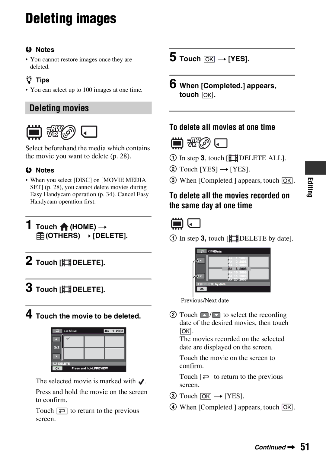 Sony DCR-DVD710 manual Deleting images, Deleting movies, To delete all movies at one time, Same day at one time 