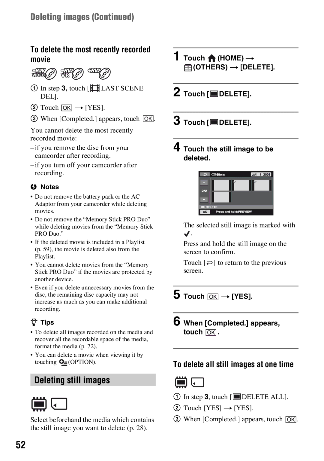 Sony DCR-DVD710 manual Deleting images, Deleting still images, To delete the most recently recorded movie 