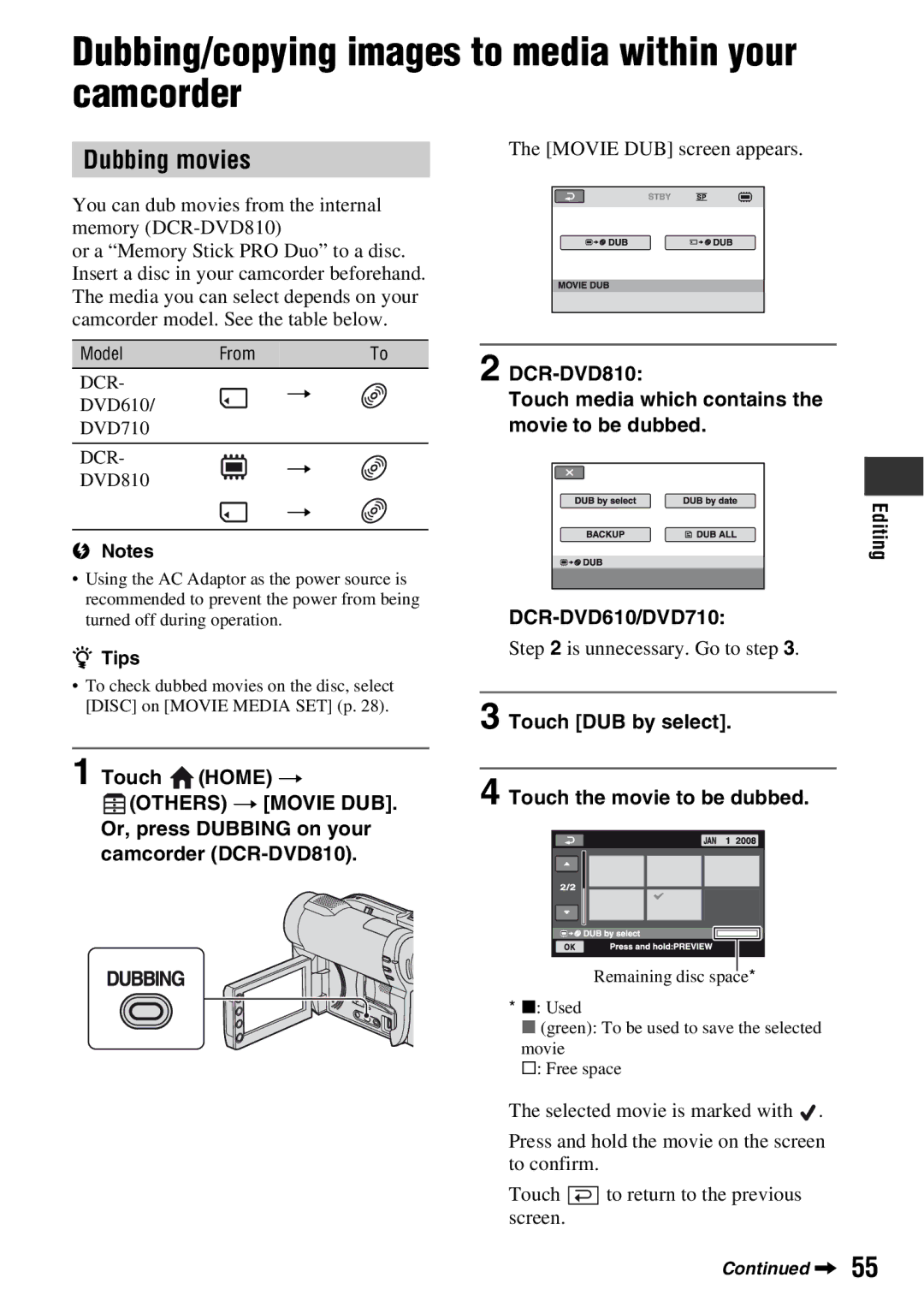 Sony DCR-DVD710 manual Dubbing/copying images to media within your camcorder, Dubbing movies 