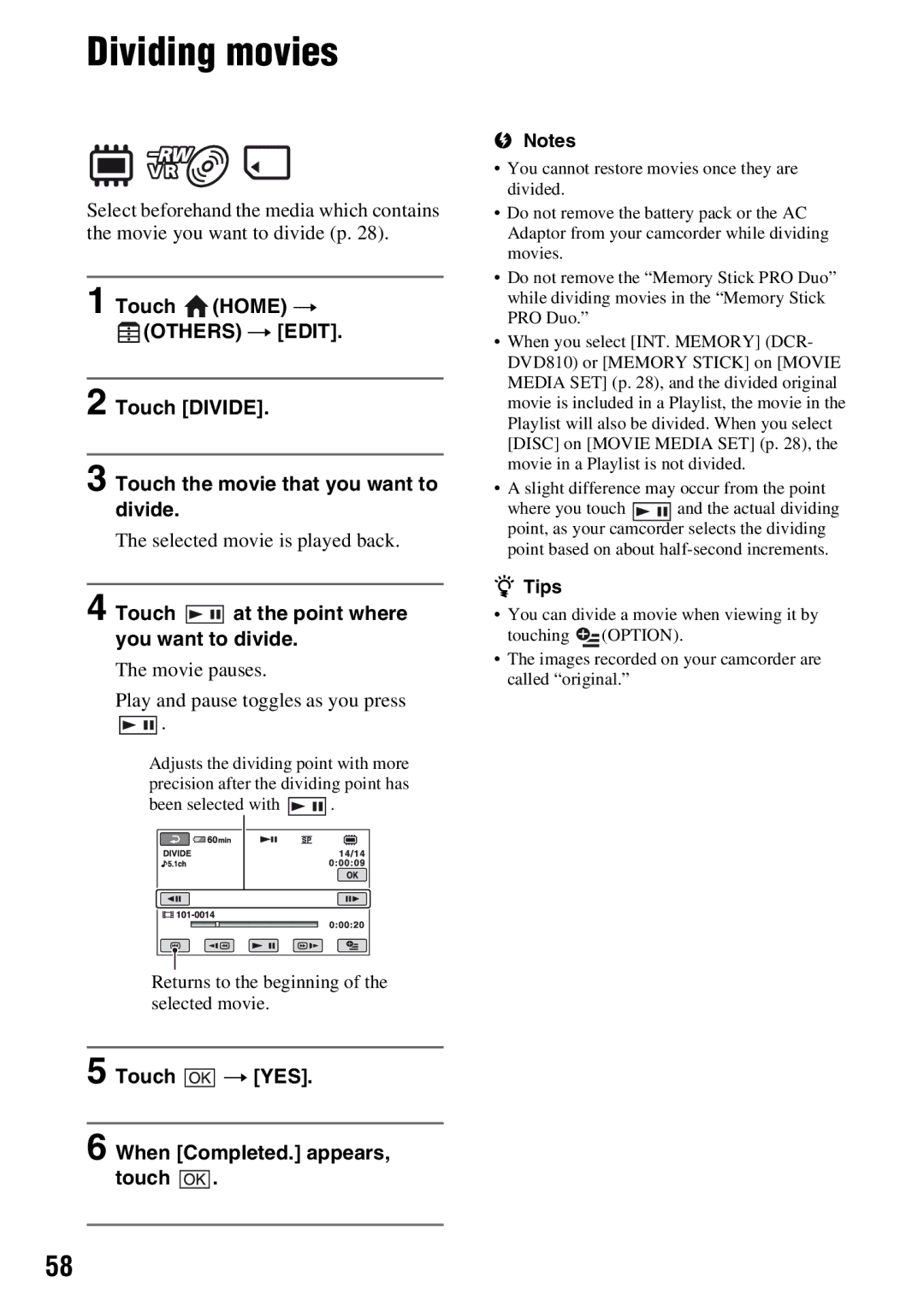 Sony DCR-DVD710 manual Dividing movies, Touch at the point where you want to divide 