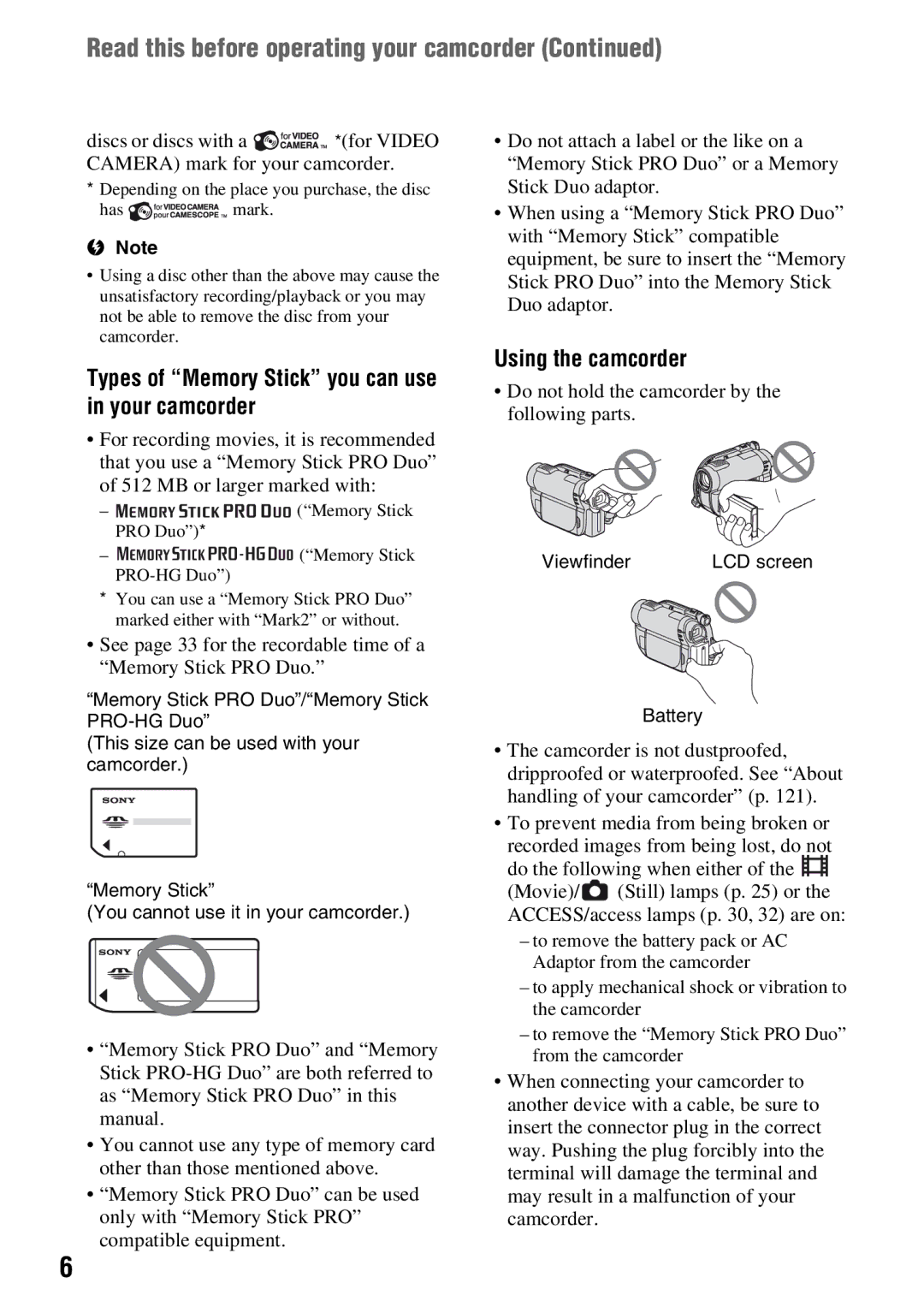 Sony DCR-DVD710 manual Read this before operating your camcorder, Types of Memory Stick you can use in your camcorder 