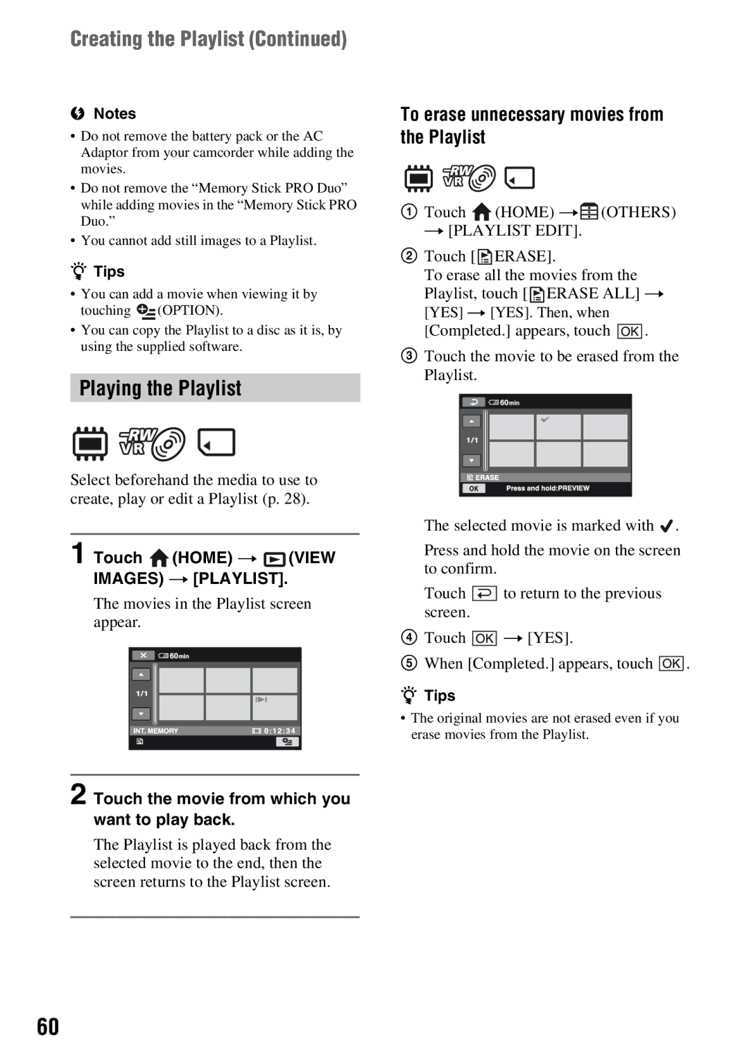 Sony DCR-DVD710 manual Creating the Playlist, Playing the Playlist, To erase unnecessary movies from the Playlist 