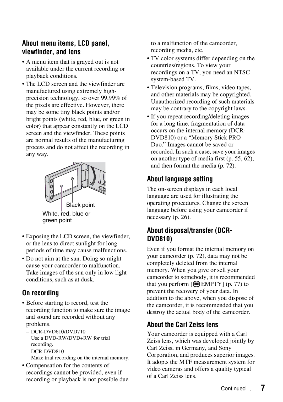 Sony DCR-DVD710 manual About menu items, LCD panel, viewfinder, and lens, On recording, About language setting 