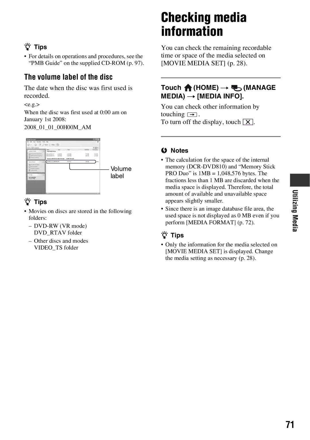 Sony DCR-DVD710 manual Volume label of the disc, Date when the disc was first used is recorded 