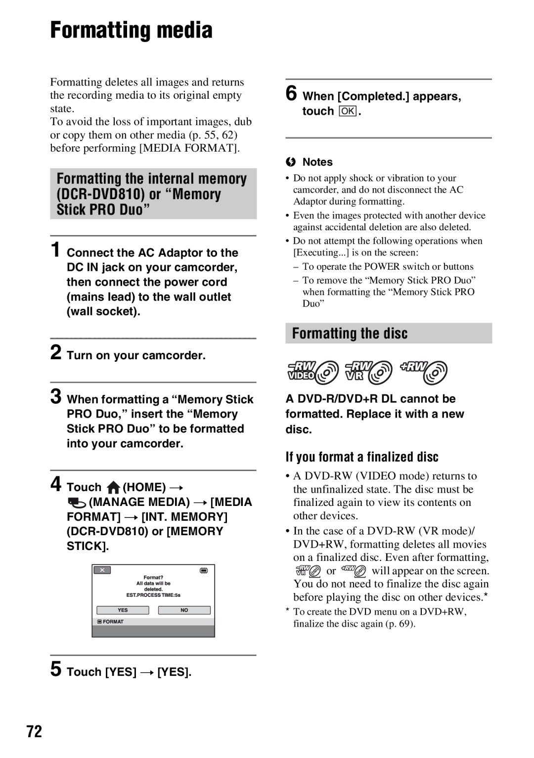 Sony DCR-DVD710 manual Formatting media, Formatting the disc, If you format a finalized disc 