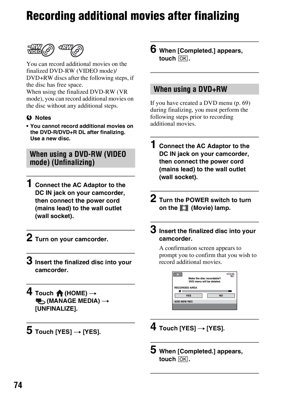 Sony DCR-DVD710 manual Recording additional movies after finalizing, When using a DVD+RW, Unfinalize 