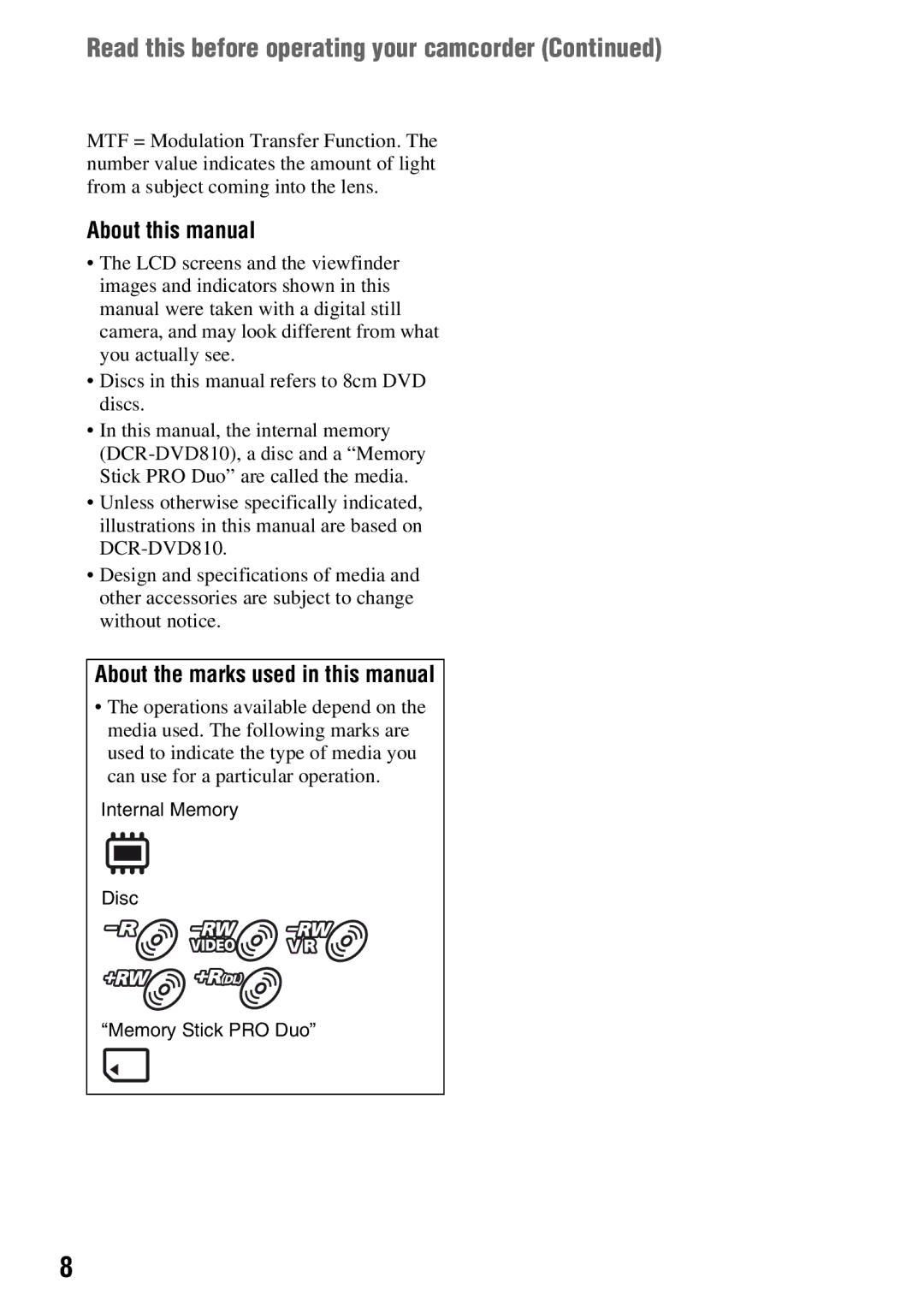 Sony DCR-DVD710 About this manual, About the marks used in this manual 