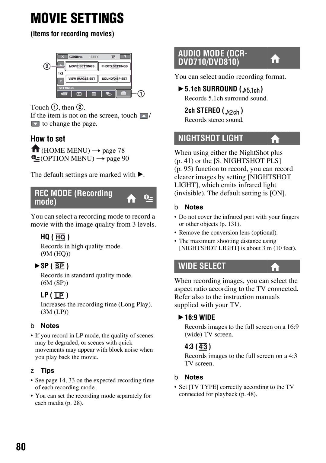 Sony DCR-DVD710 manual Audio Mode DCR, Nightshot Light, Wide Select, How to set 