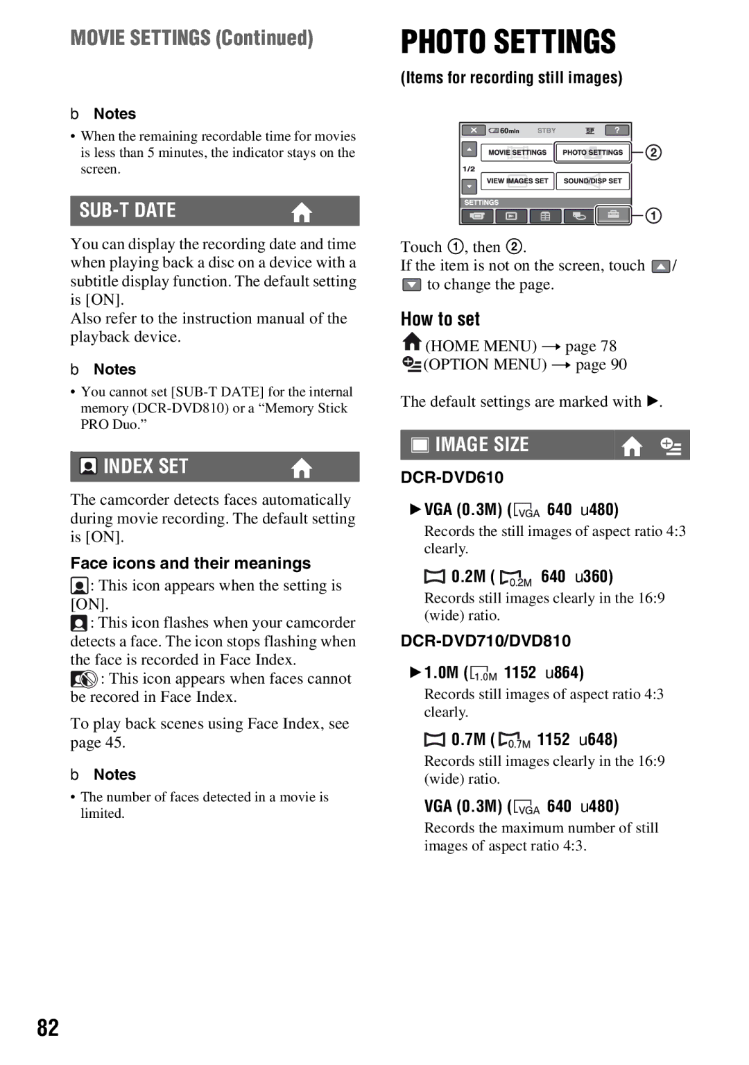 Sony DCR-DVD710 manual Movie Settings, SUB-T Date, Index SET, Image Size 