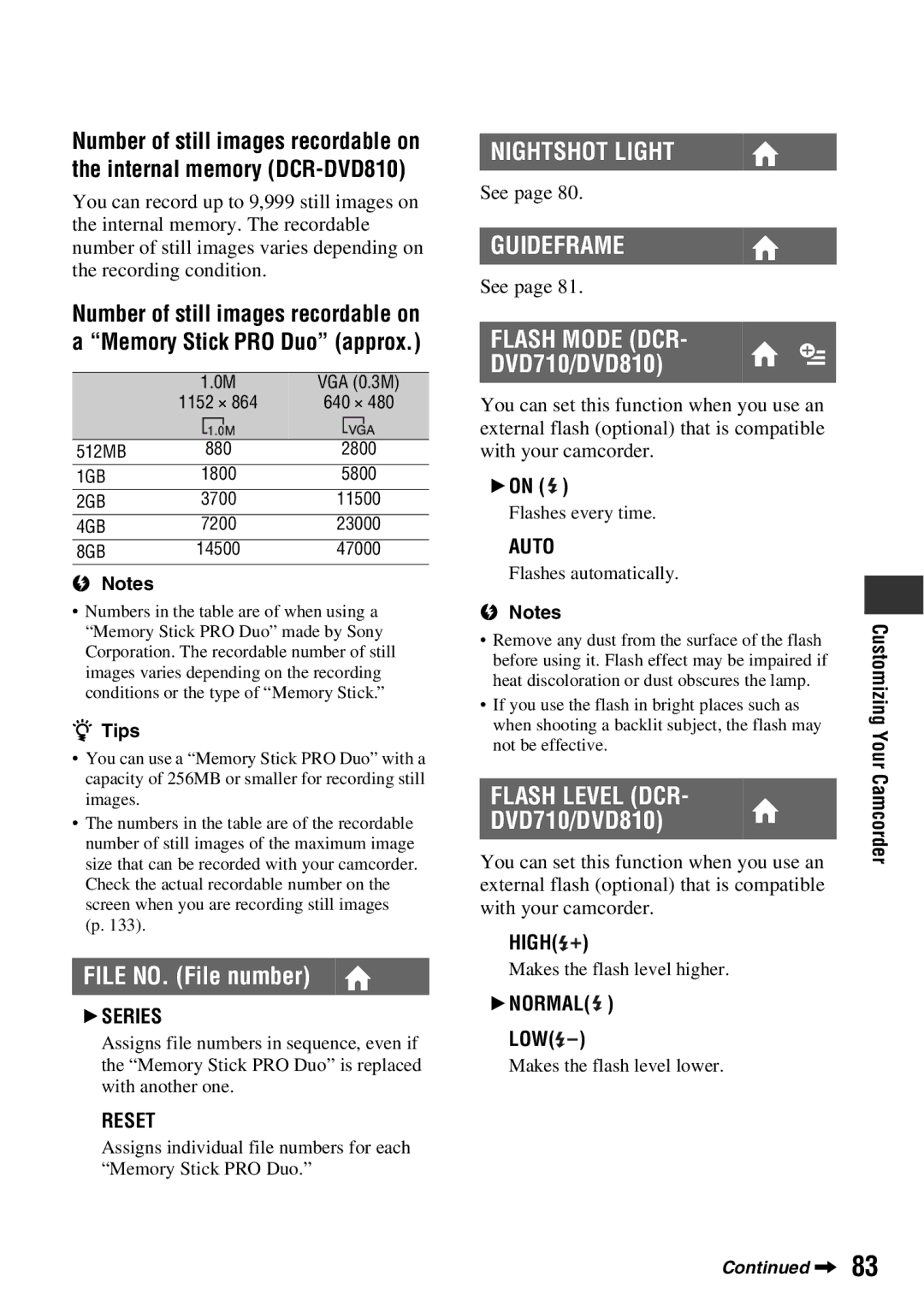 Sony DCR-DVD710 manual Flash Mode DCR, Flash Level DCR, Series, Reset, Normal 