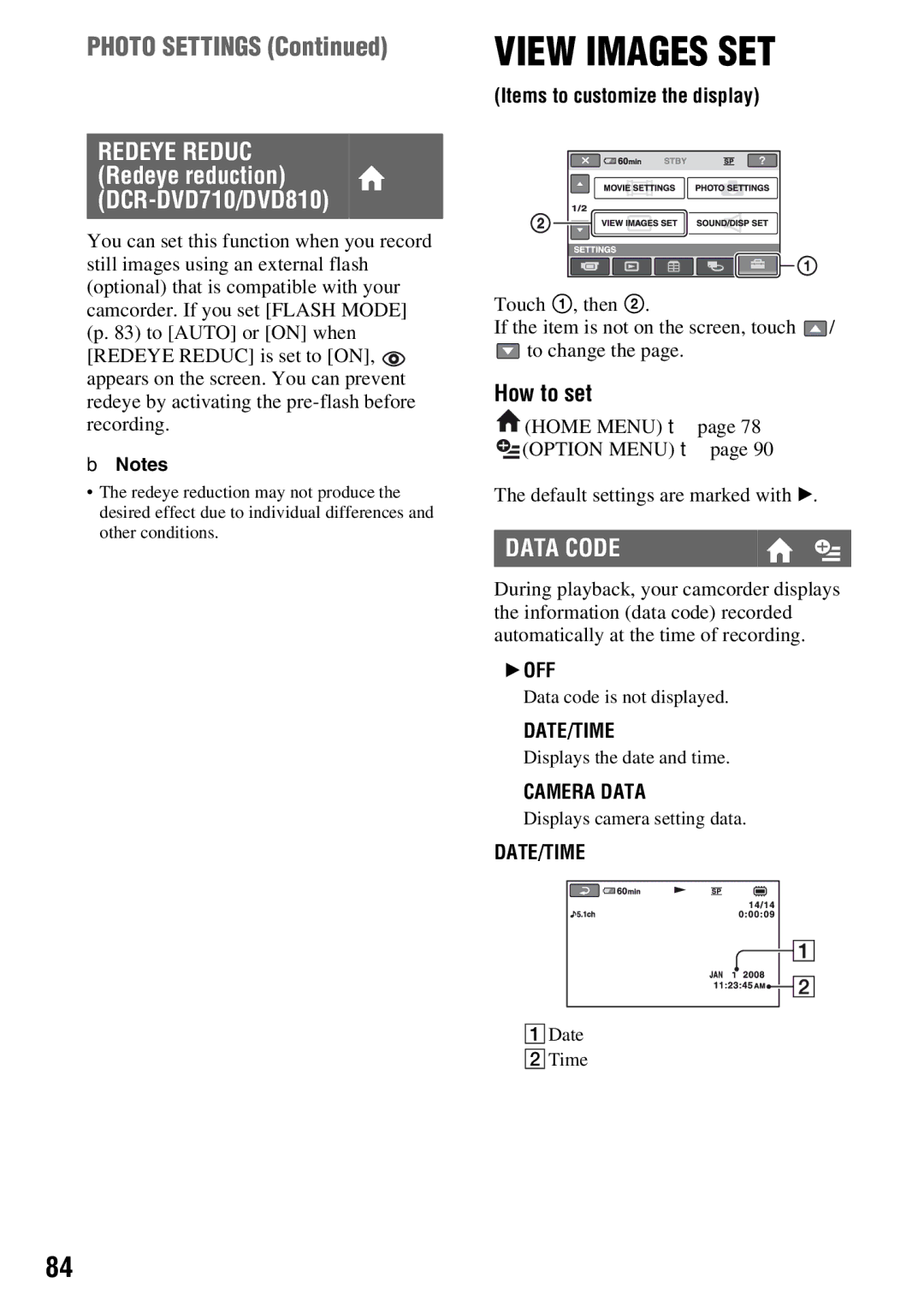 Sony DCR-DVD710 manual Photo Settings, Data Code, Items to customize the display, Date/Time, Camera Data 