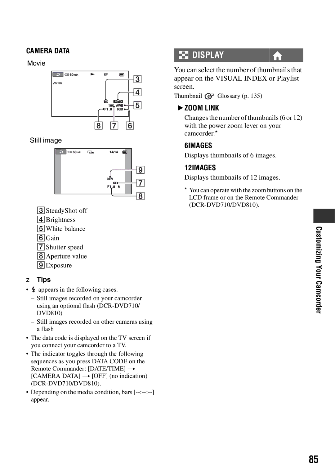 Sony DCR-DVD710 manual Display, Zoom Link, 6IMAGES, 12IMAGES 