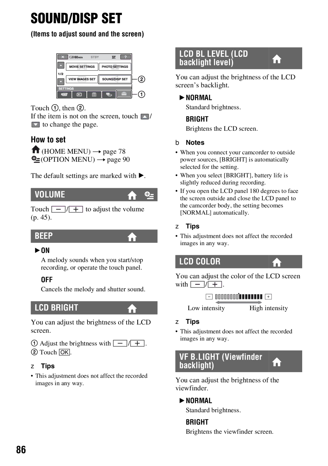 Sony DCR-DVD710 manual Volume, Beep, LCD Bright, LCD Color 