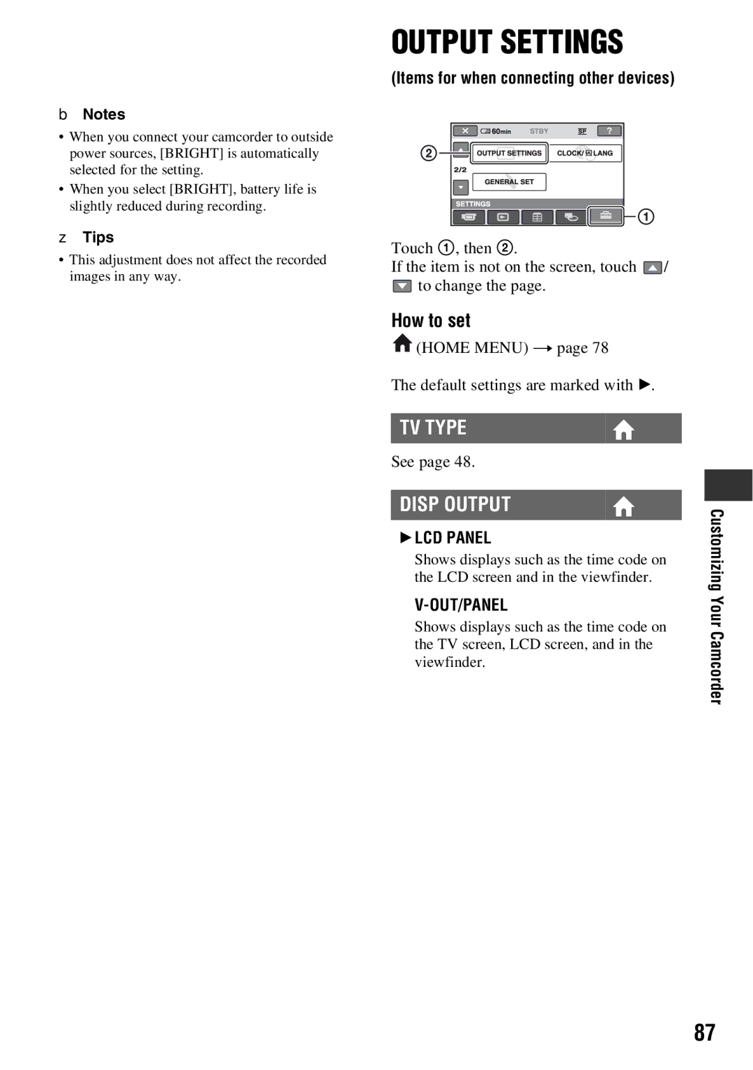 Sony DCR-DVD710 manual TV Type, Disp Output, Home Menu t Default settings are marked with B, LCD Panel, Out/Panel 