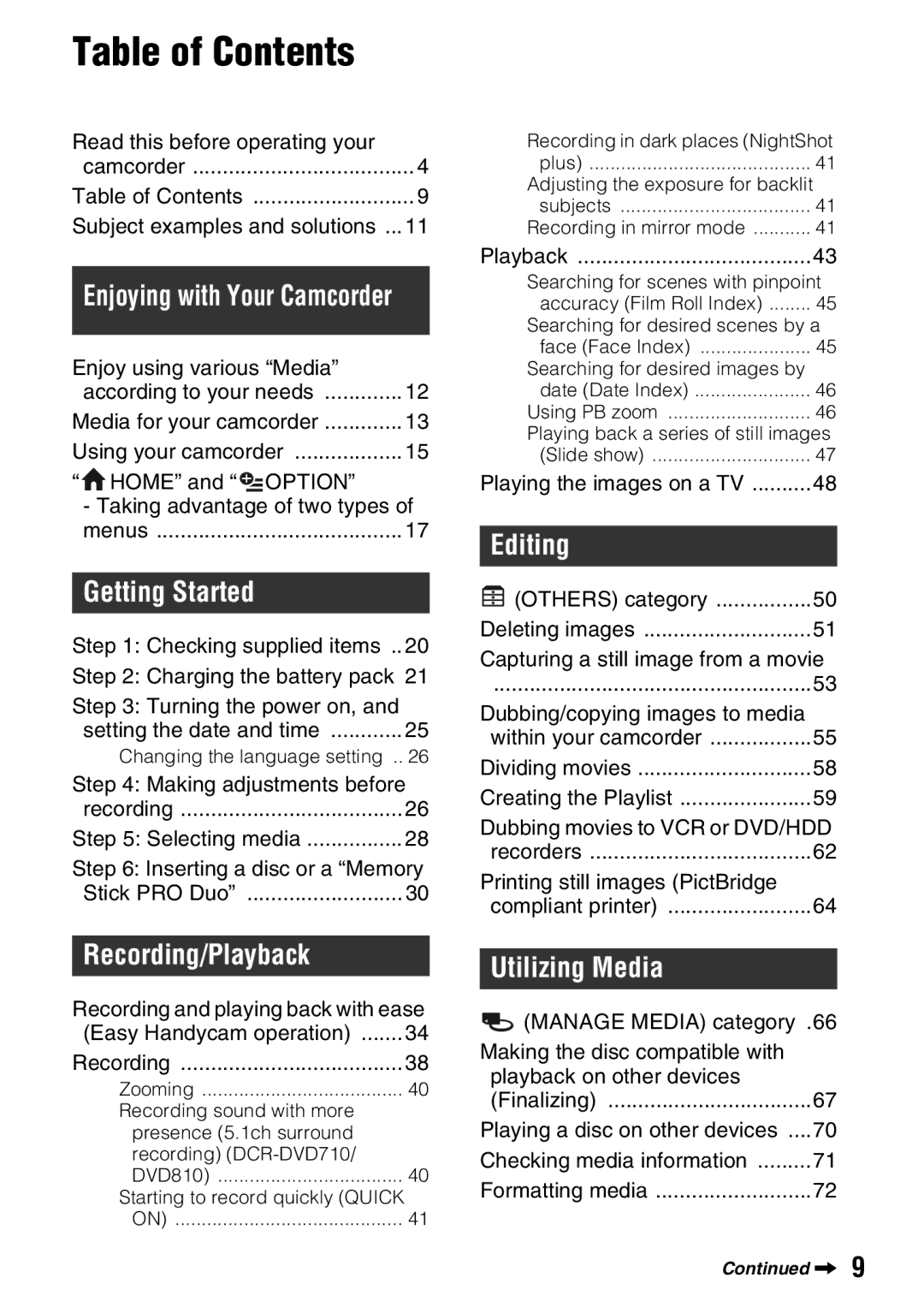 Sony DCR-DVD710 manual Table of Contents 