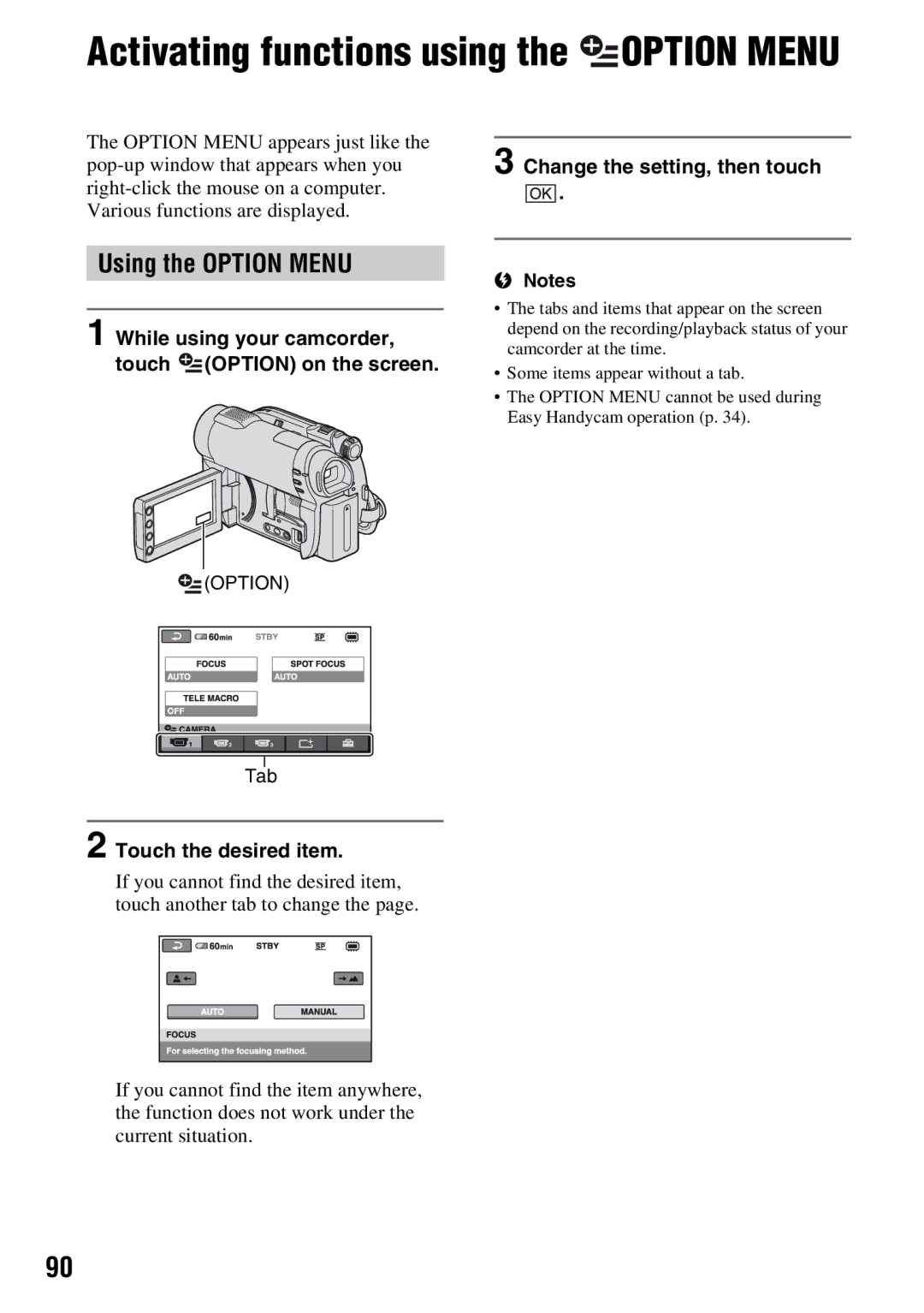 Sony DCR-DVD710 manual Activating functions using the Option Menu 