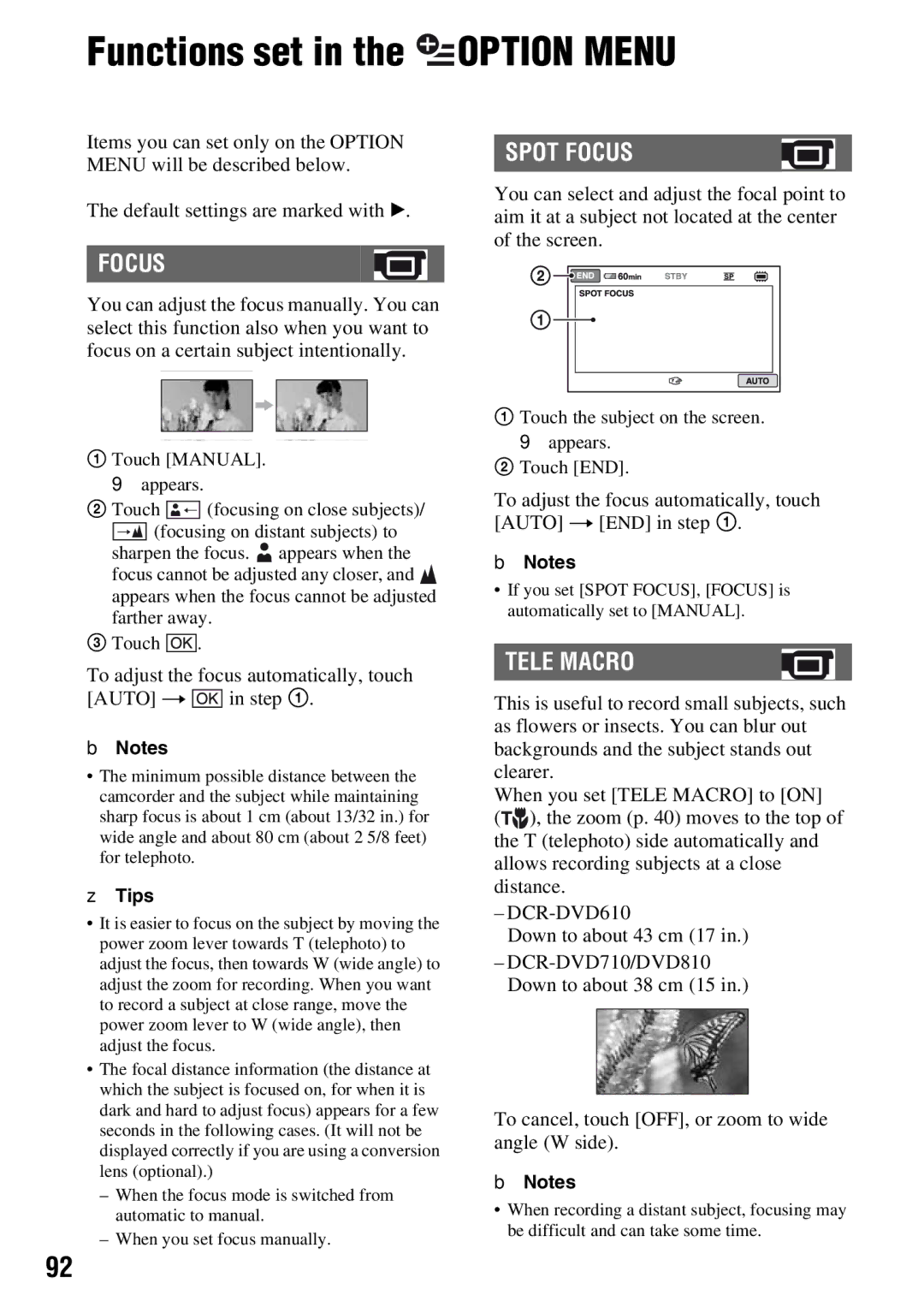 Sony DCR-DVD710 manual Functions set in the Option Menu, Spot Focus, Tele Macro 