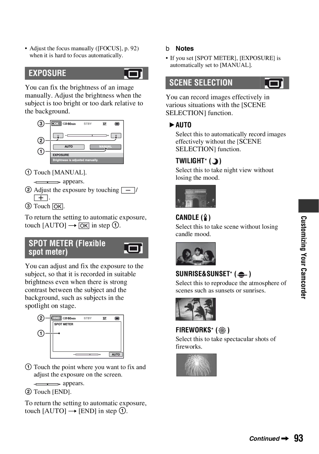 Sony DCR-DVD710 manual Exposure, Scene Selection, Twilight, Candle, Sunrise&Sunset 