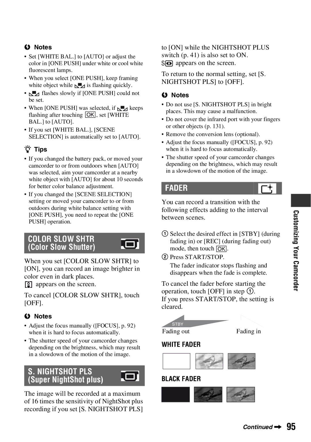 Sony DCR-DVD710 manual If you press START/STOP, the setting is cleared, White Fader Black Fader 