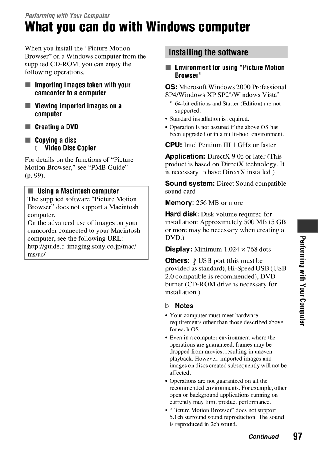 Sony DCR-DVD710 manual What you can do with Windows computer, Installing the software, Using a Macintosh computer 