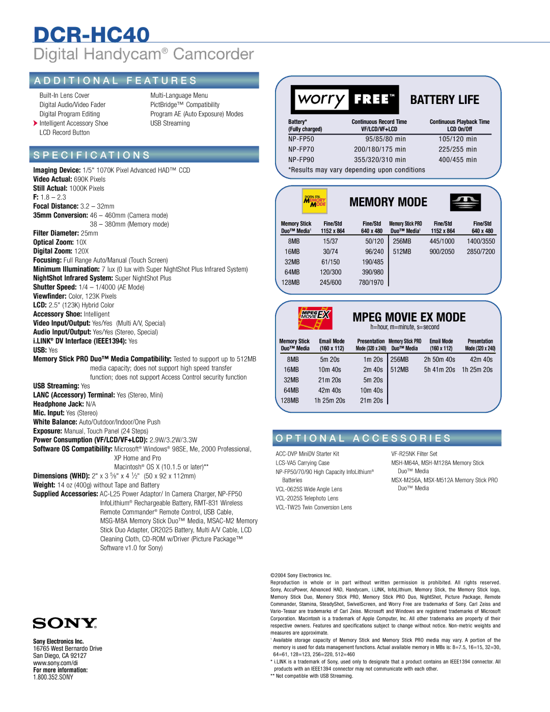 Sony DCR-HC40 manual D I T I O N a L F E a T U R E S, Specification S, T I O N a L a C C E S S O R I E S 