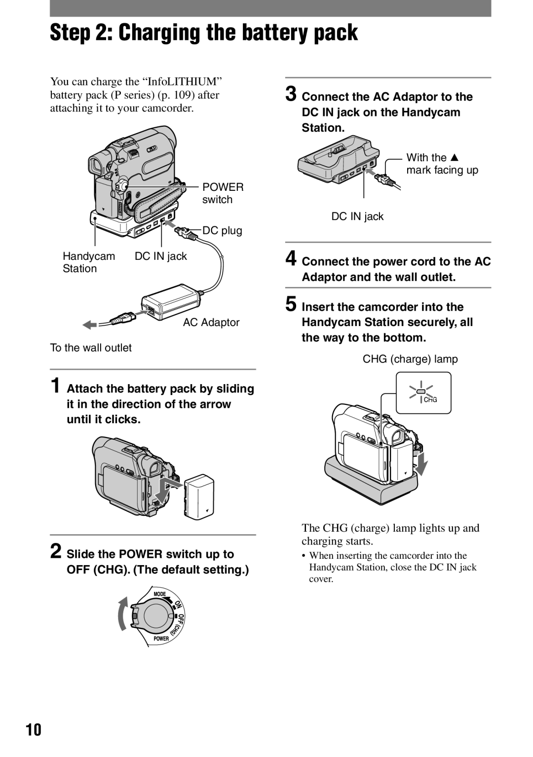 Sony DCR-HC42 manual Charging the battery pack, CHG charge lamp lights up and charging starts 