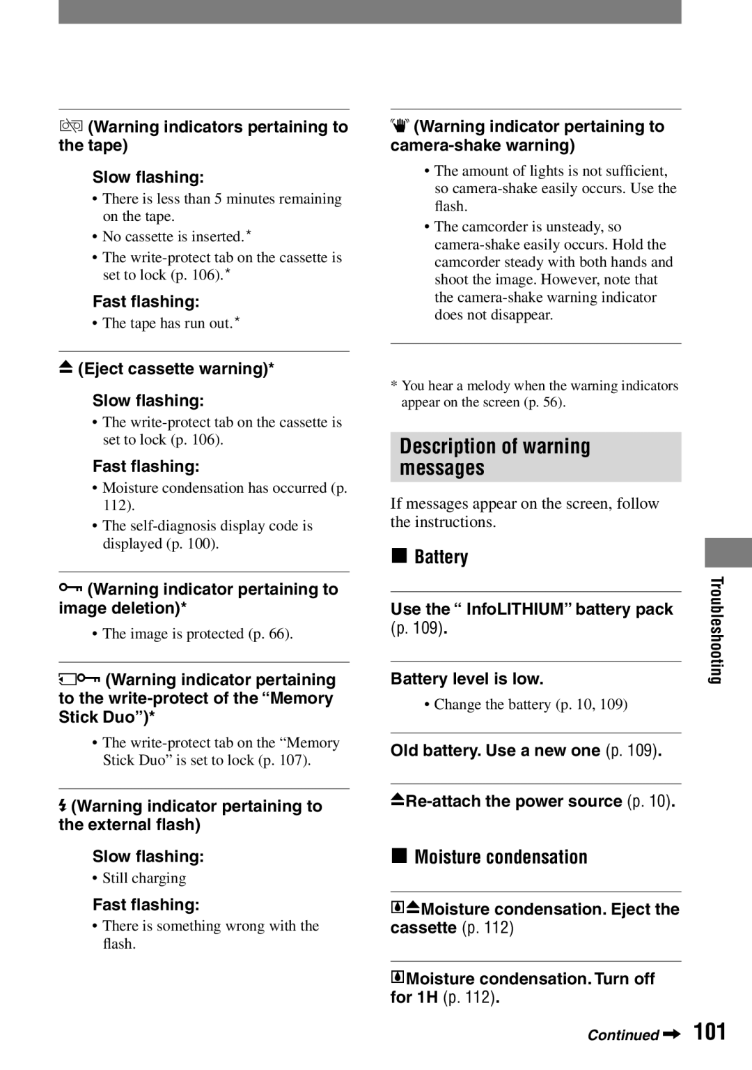 Sony DCR-HC42 manual Description of warning messages,  Battery,  Moisture condensation 