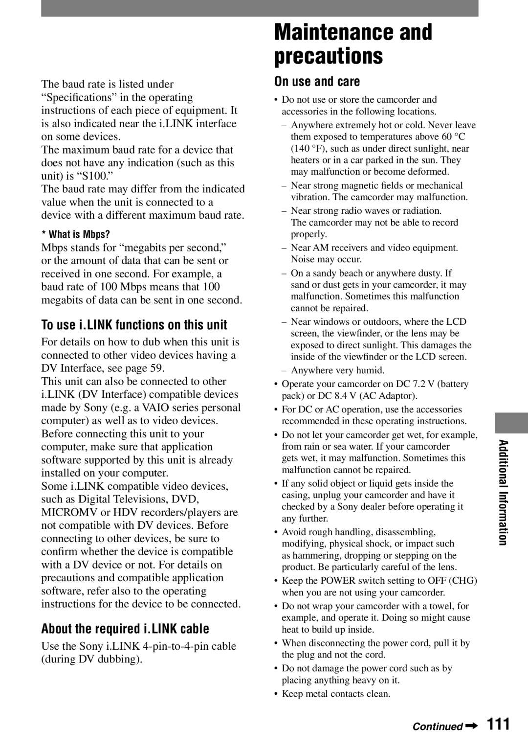 Sony DCR-HC42 manual To use i.LINK functions on this unit, About the required i.LINK cable, On use and care 