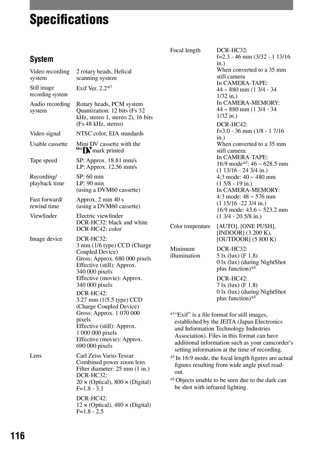 Sony DCR-HC42 manual Speciﬁcations, System 