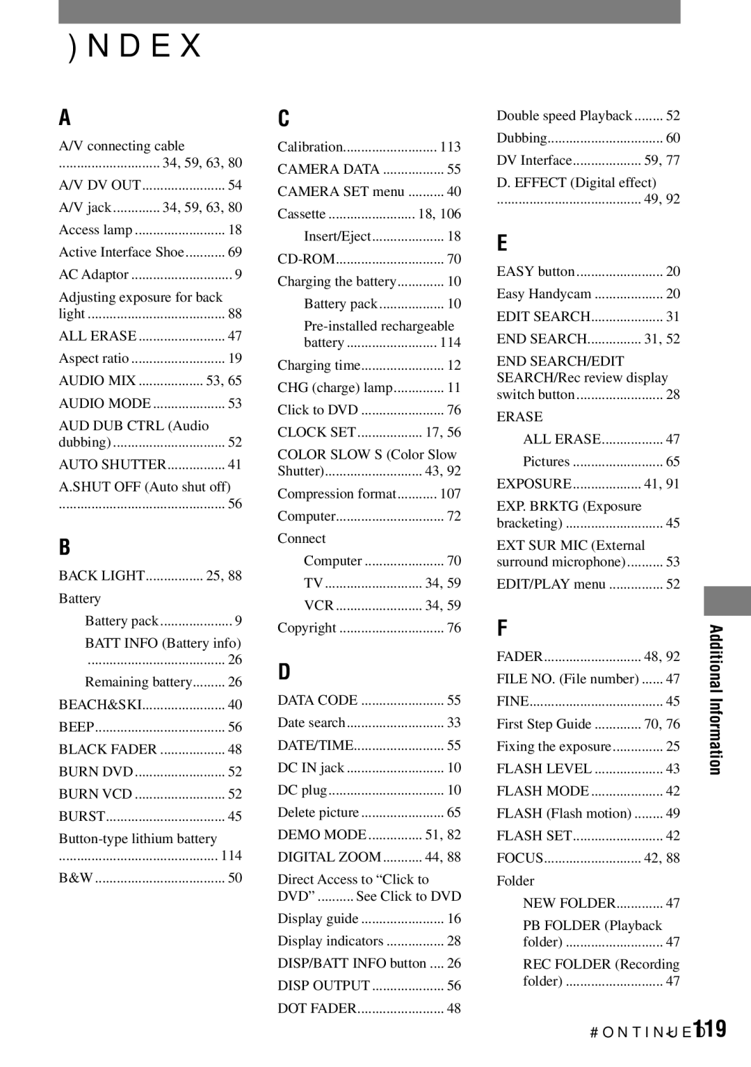 Sony DCR-HC42 manual Index, Back Light 