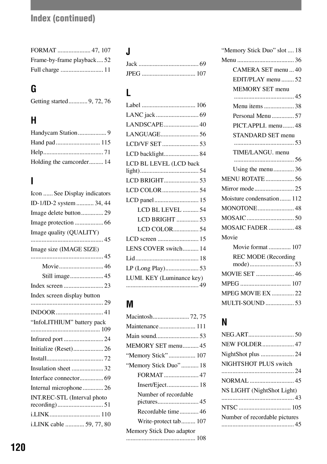 Sony DCR-HC42 manual Index, Indoor 