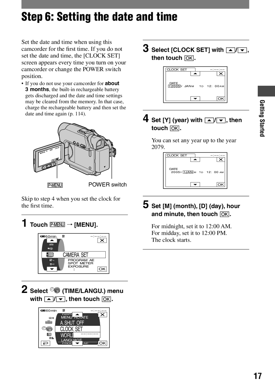 Sony DCR-HC42 manual Setting the date and time, Touch  Menu, Select Clock SET with / , then touch 