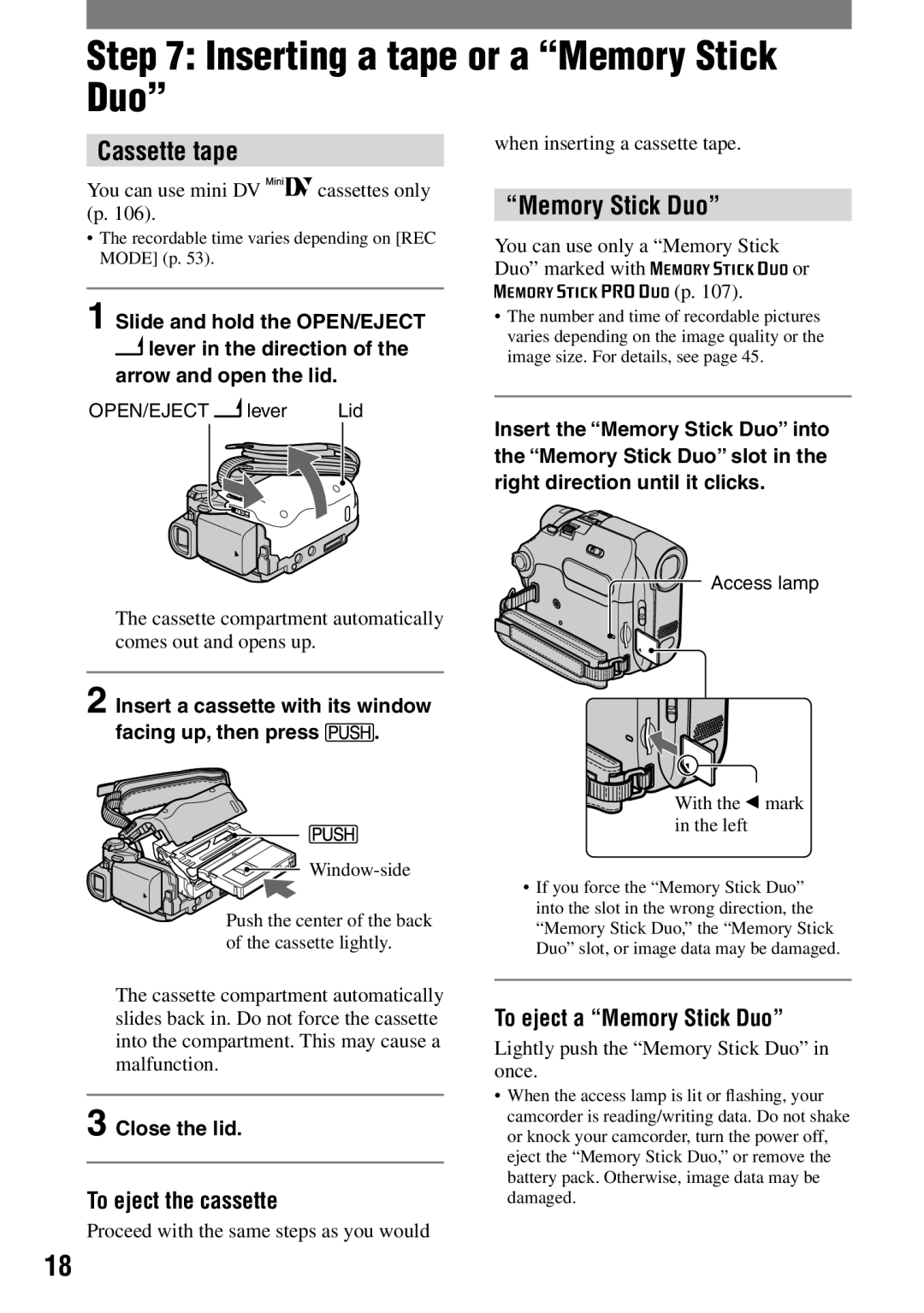 Sony DCR-HC42 Inserting a tape or a Memory Stick Duo, Cassette tape, To eject the cassette, To eject a Memory Stick Duo 