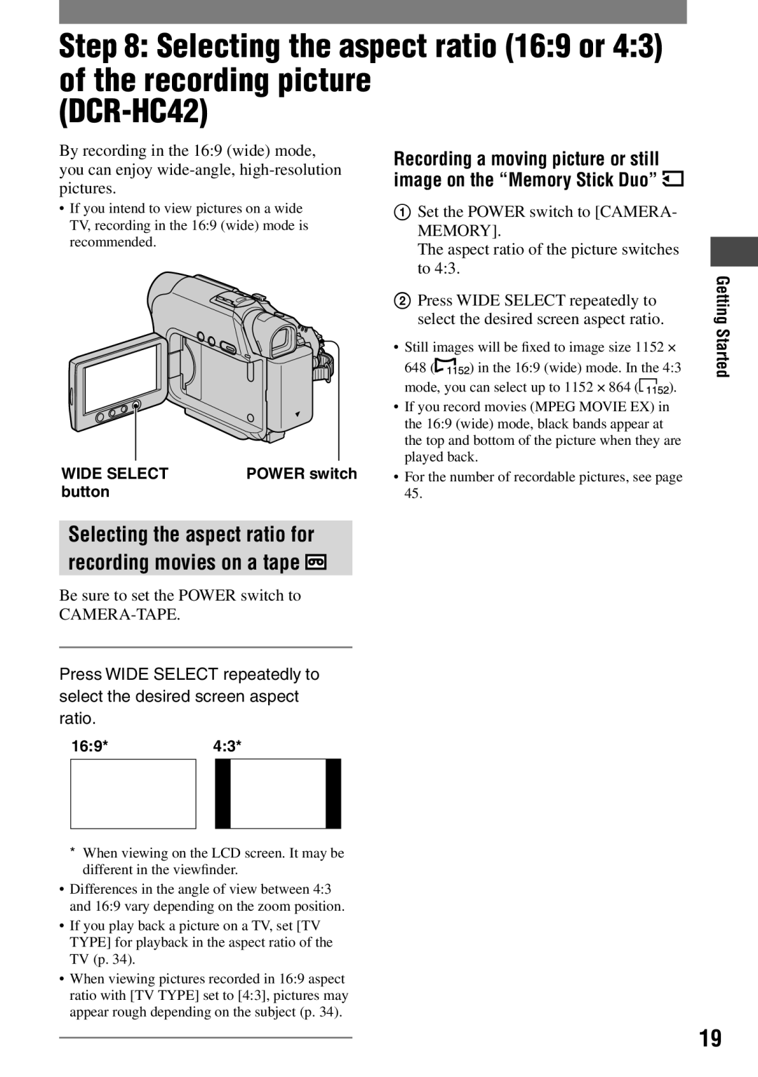 Sony DCR-HC42 manual Selecting the aspect ratio for Recording movies on a tape, Be sure to set the Power switch to 