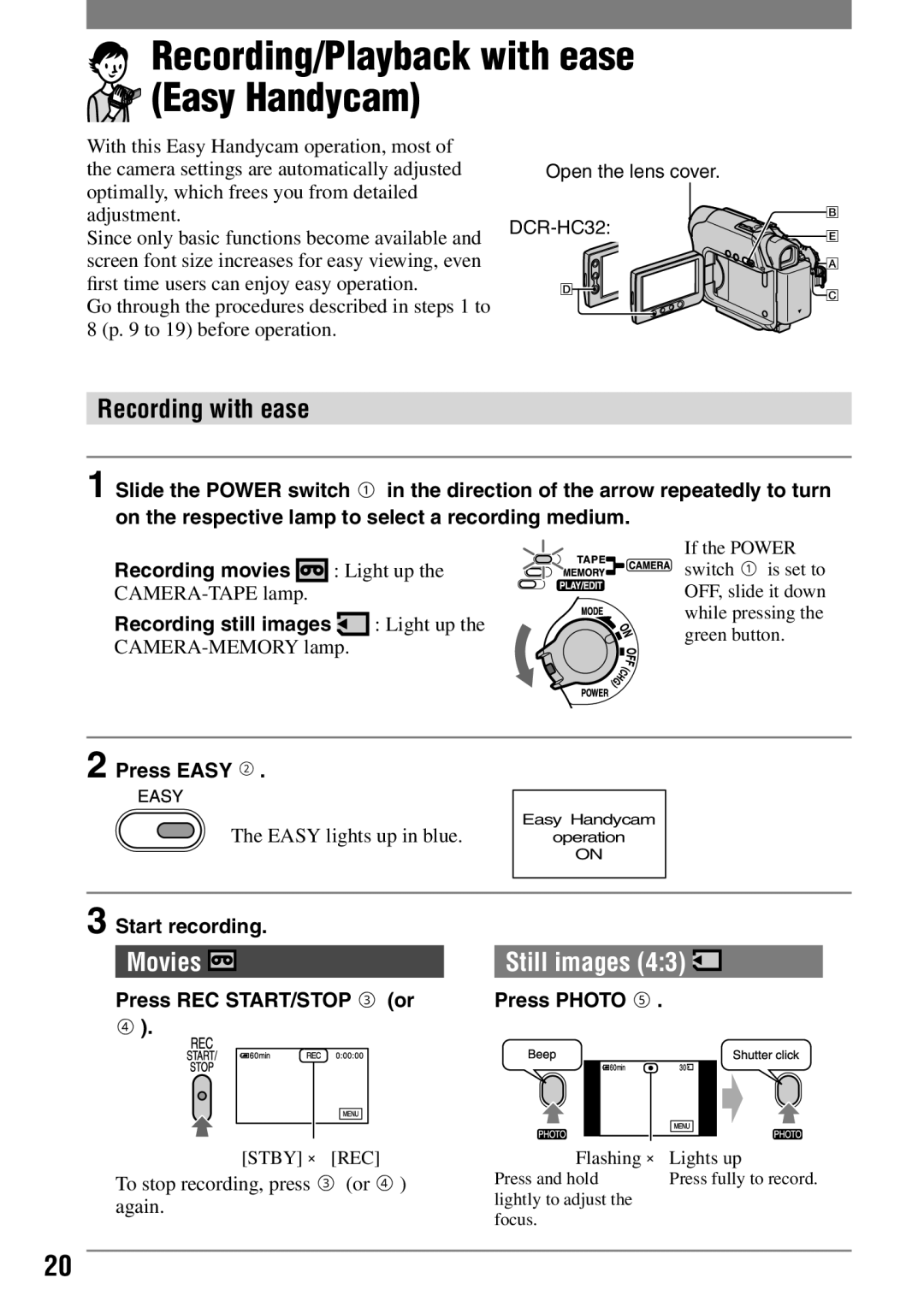 Sony DCR-HC42 manual Recording/Playback with ease Easy Handycam, Recording with ease, Movies, Still images 