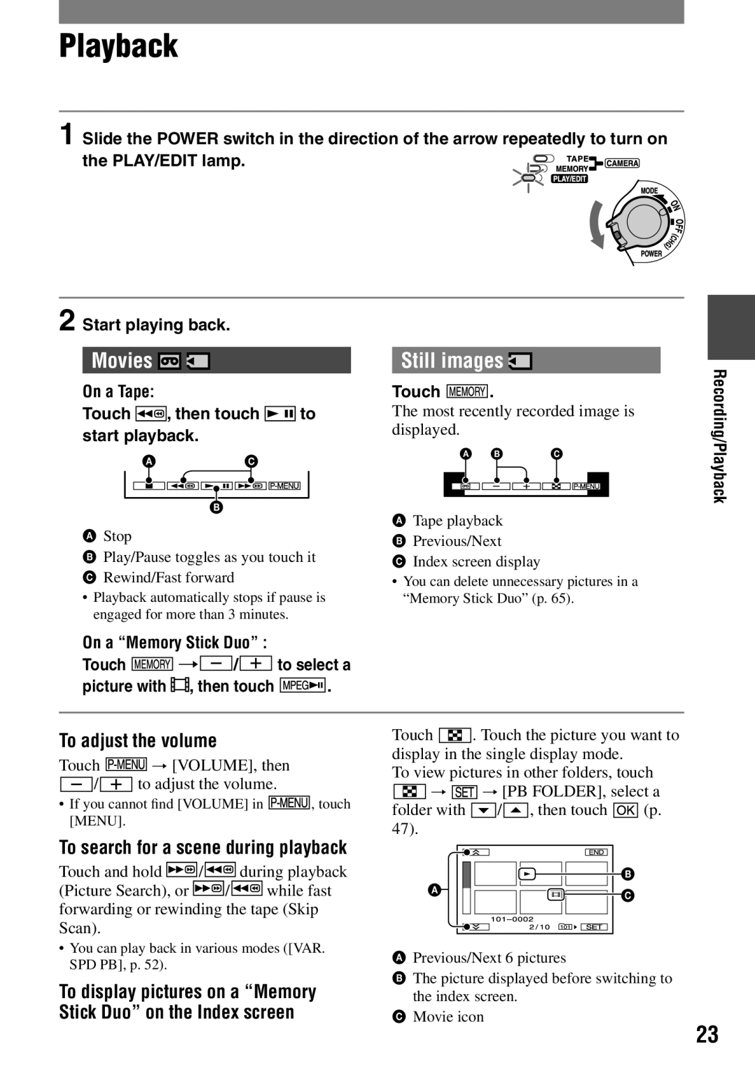 Sony DCR-HC42 manual To adjust the volume, On a Tape Touch , then touch to start playback, Recording/Playback 