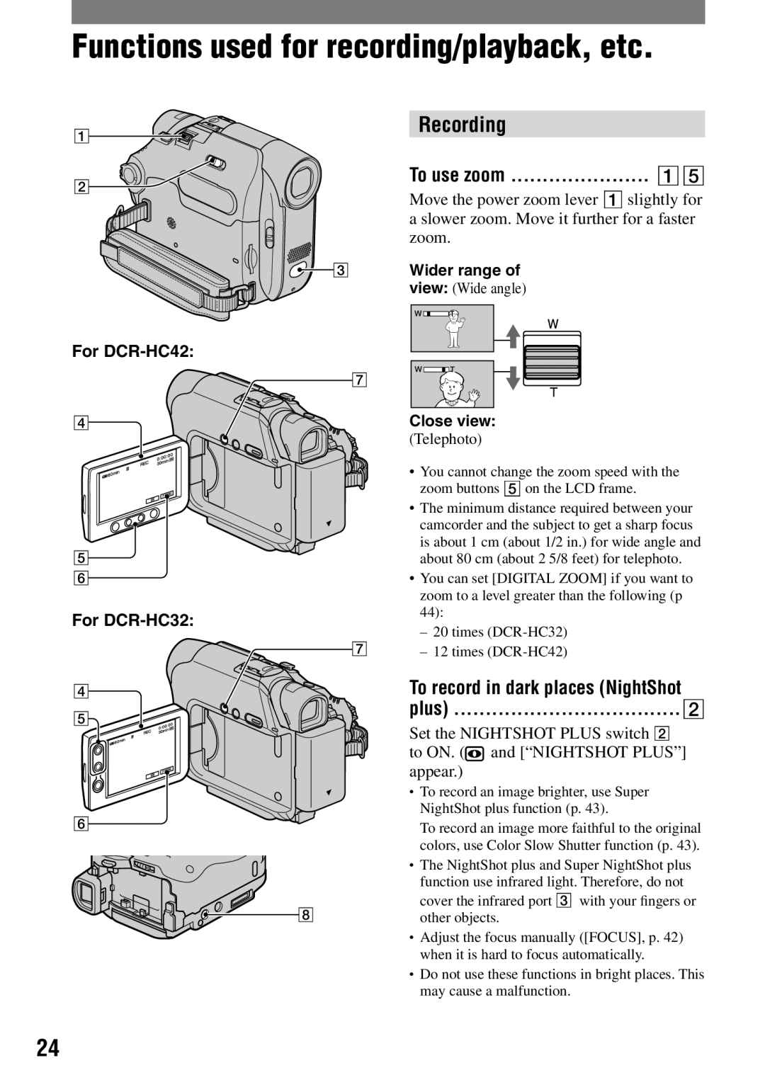 Sony DCR-HC42 manual Functions used for recording/playback, etc, Recording, To use zoom ...................... , Plus 