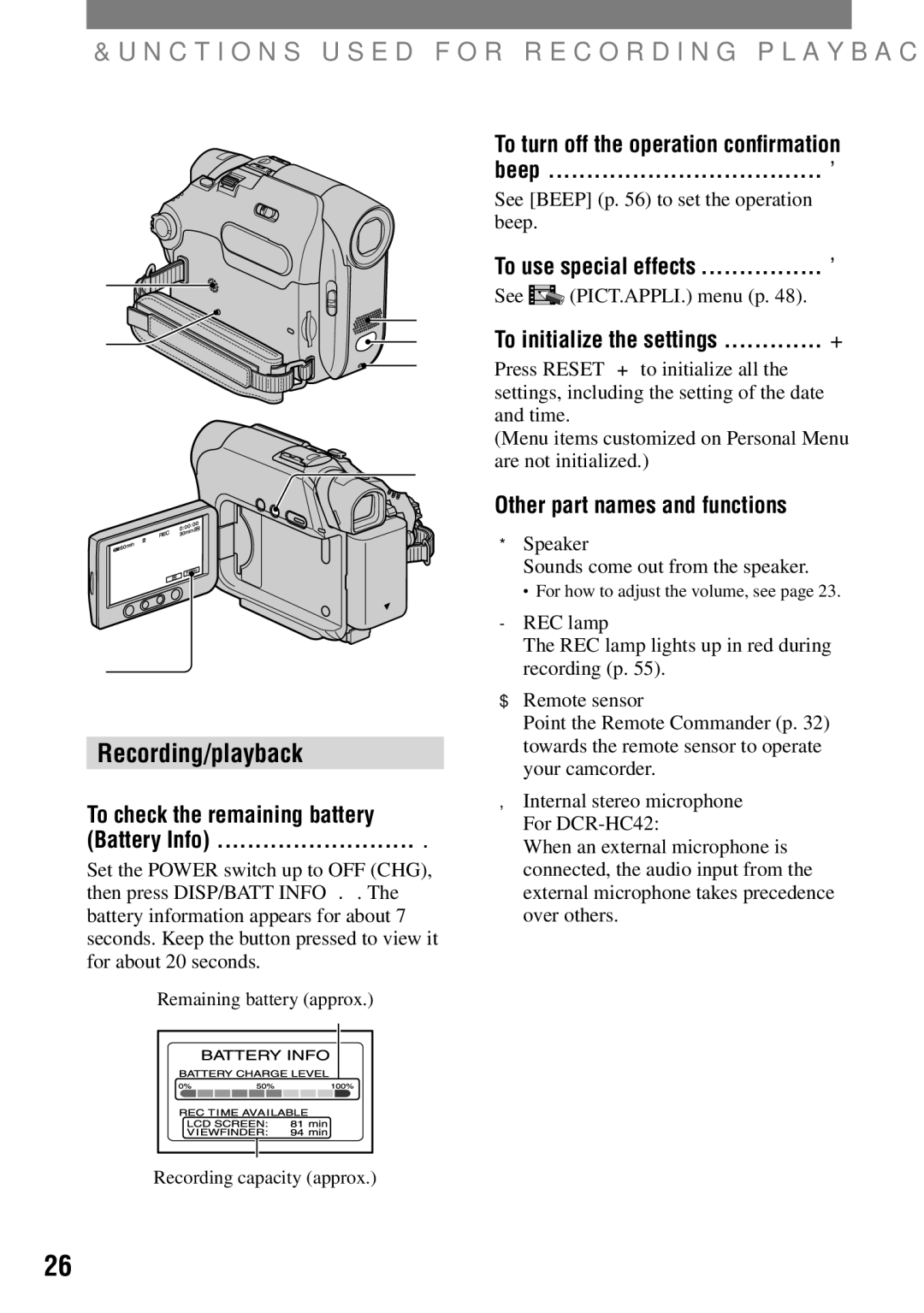 Sony DCR-HC42 Functions used for recording/playback, etc, Recording/playback, Battery Info, Other part names and functions 