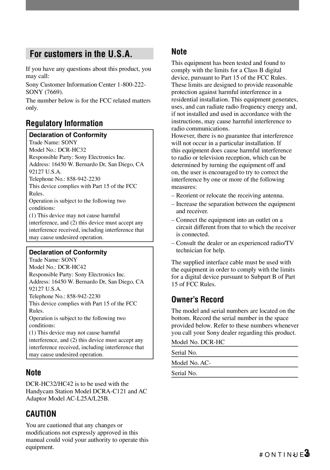 Sony DCR-HC42 manual For customers in the U.S.A, Regulatory Information, Owner’s Record 